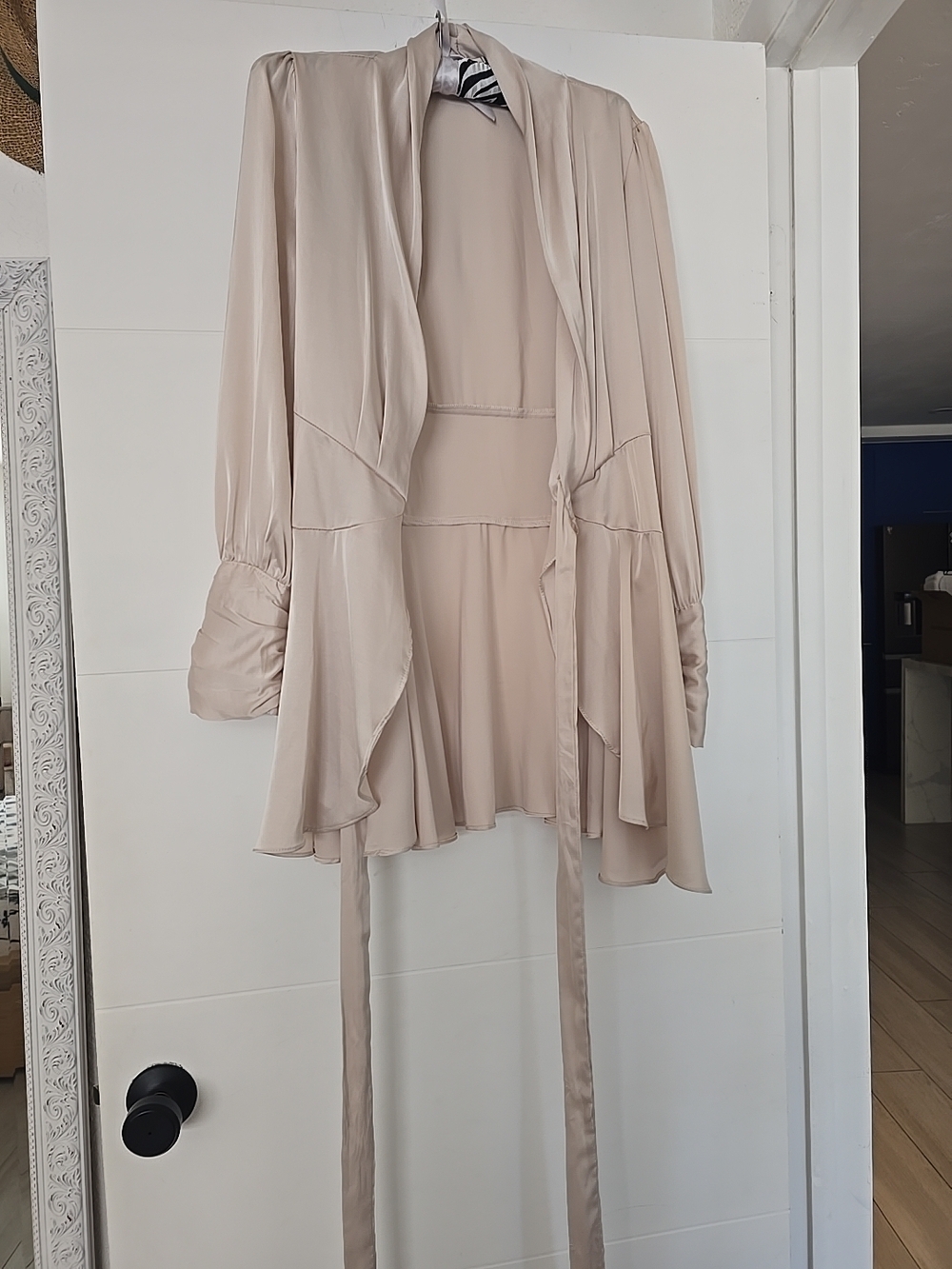 C.I.E.N. Champagne Satin Faux Wrap Mini Dress Size M Long Ruched Sleeve V-Neck - Picture 9 of 16